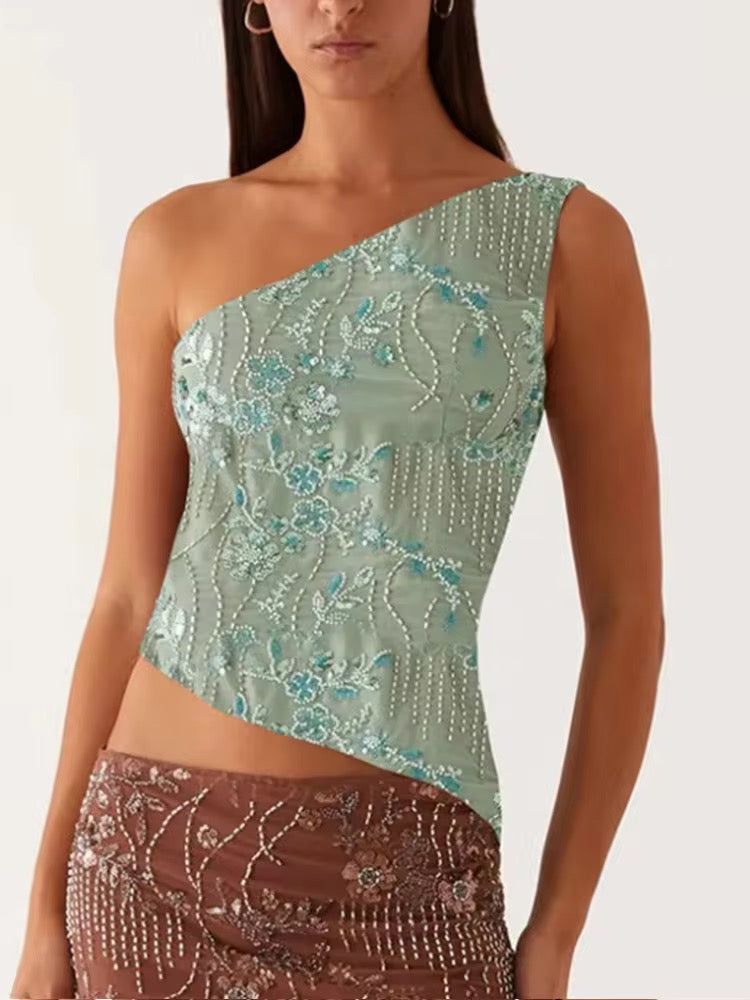 Beaded one shoulder top