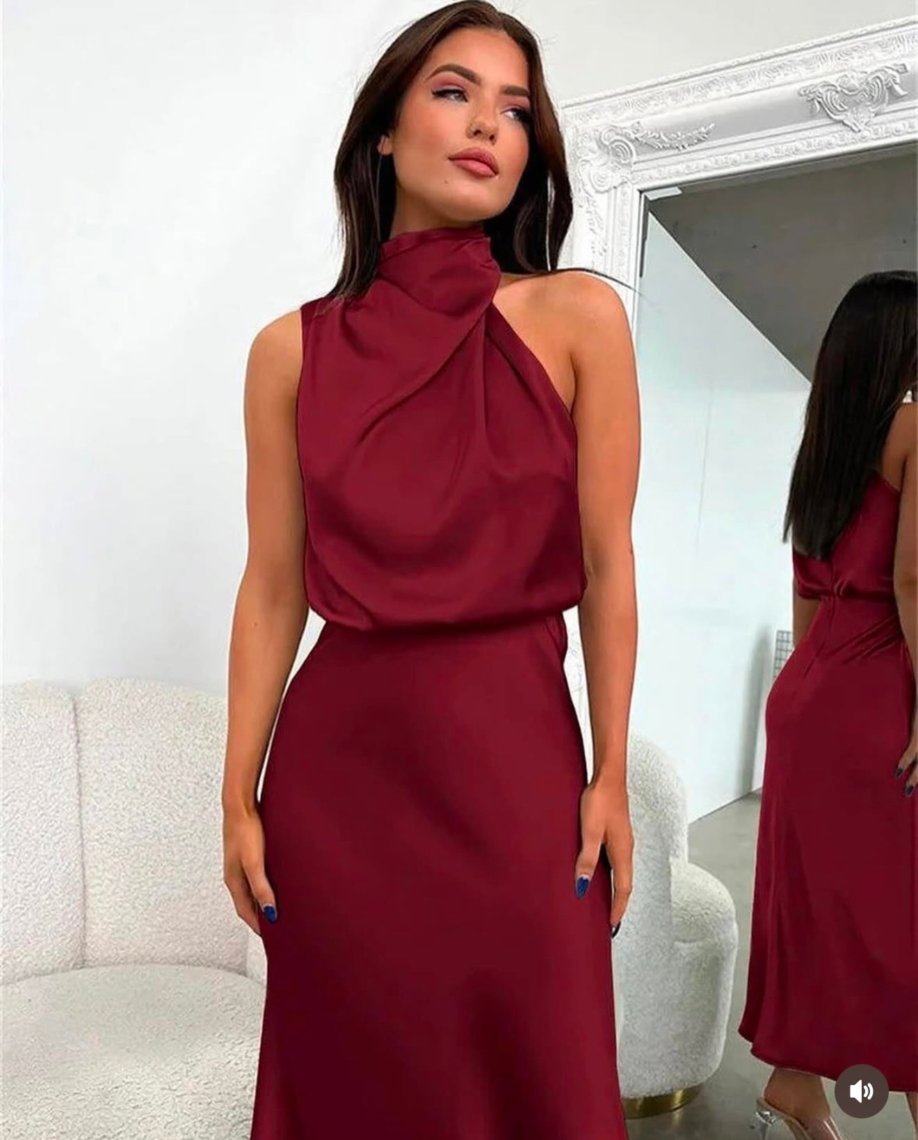 Burgundy satin midi dress