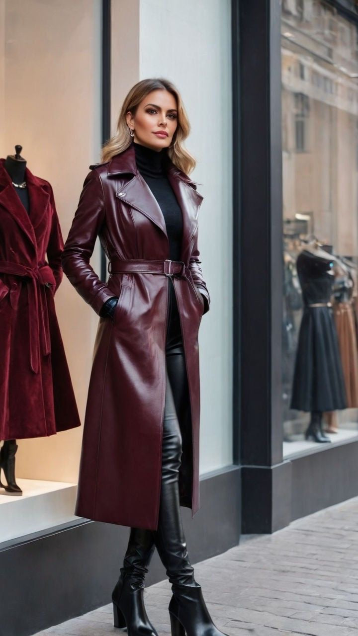 Burgundy leather overcoat