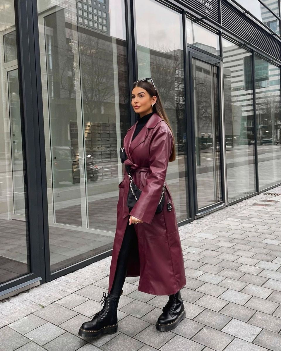 Burgundy leather overcoat