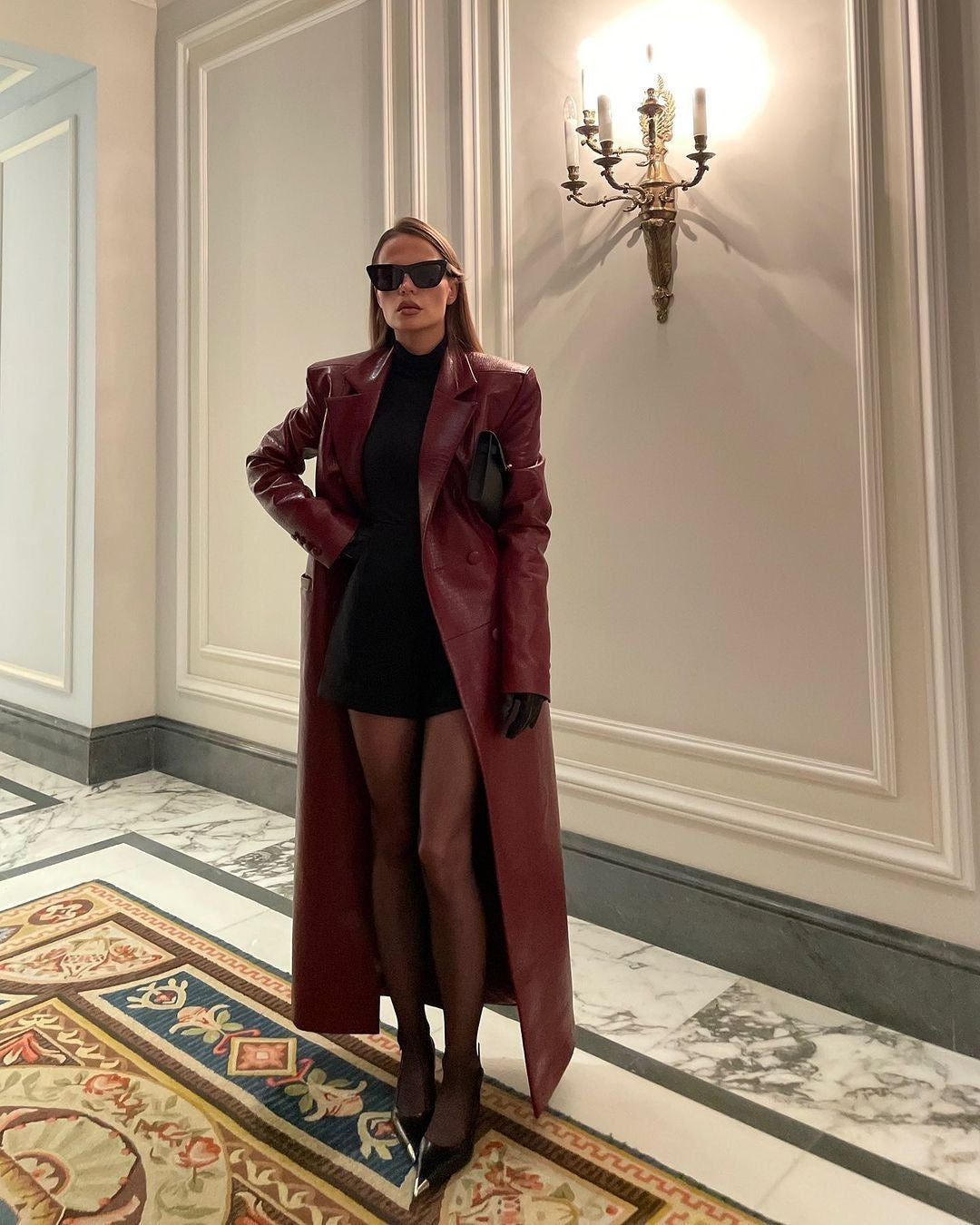 Burgundy leather overcoat