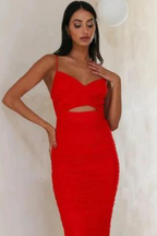 Red gathered dress with cutout