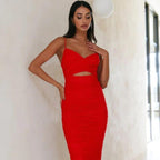 Red gathered dress with cutout