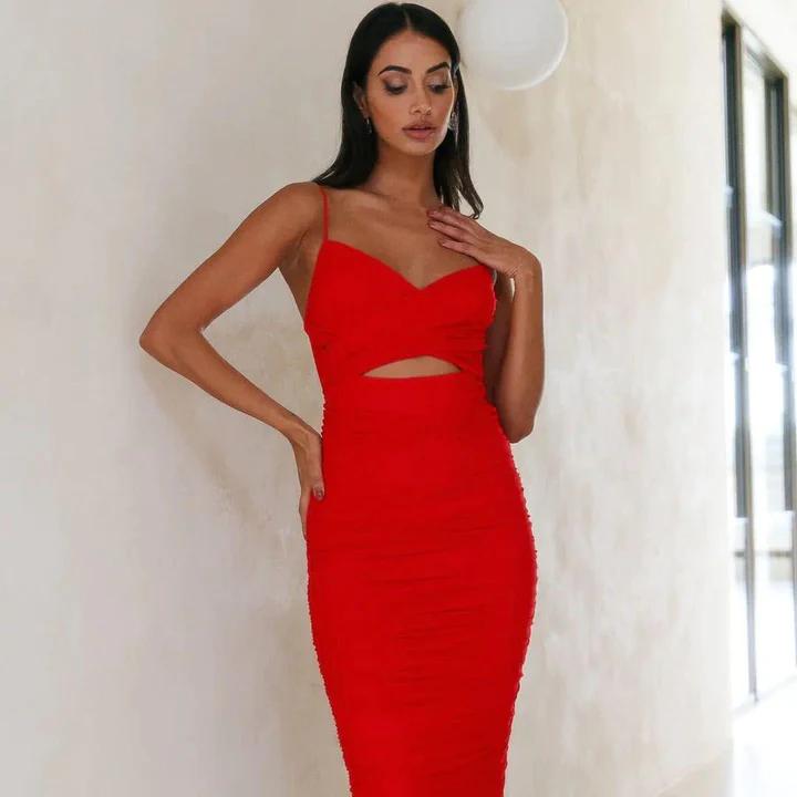 Red gathered dress with cutout