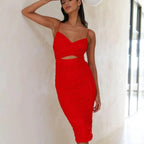 Red gathered dress with cutout