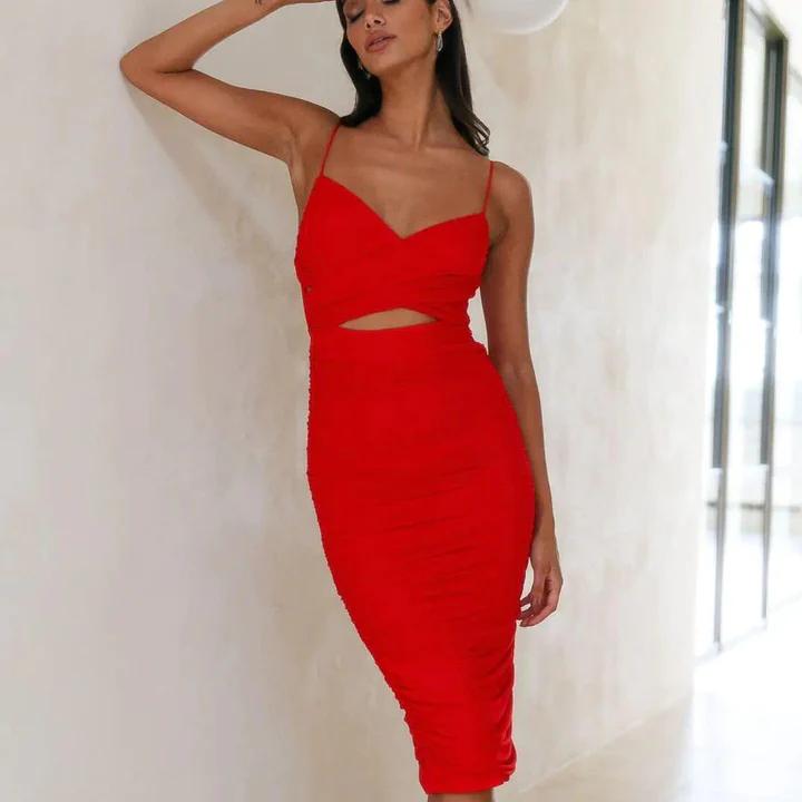 Red gathered dress with cutout