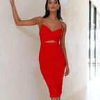 Red gathered dress with cutout