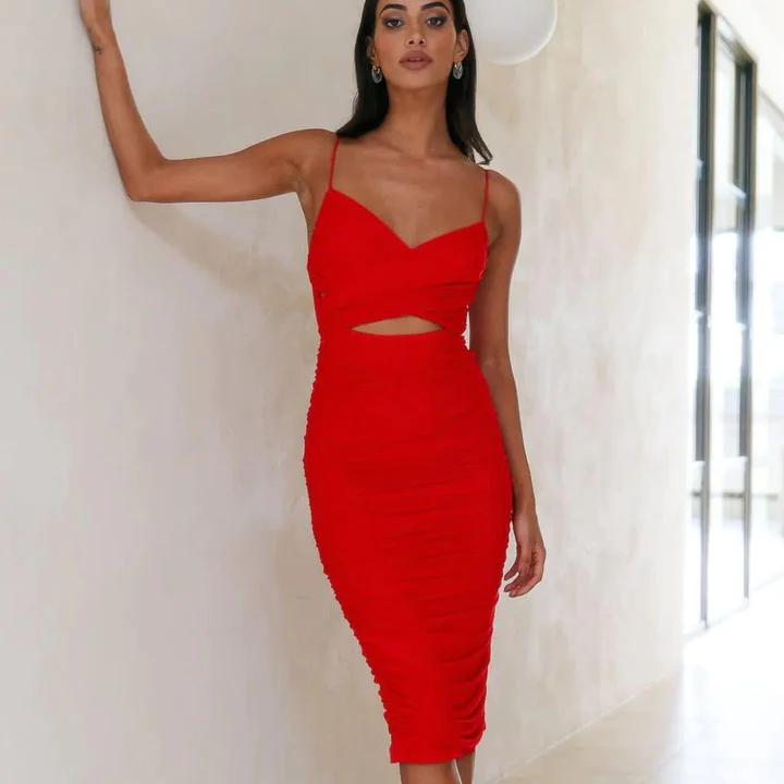 Red gathered dress with cutout