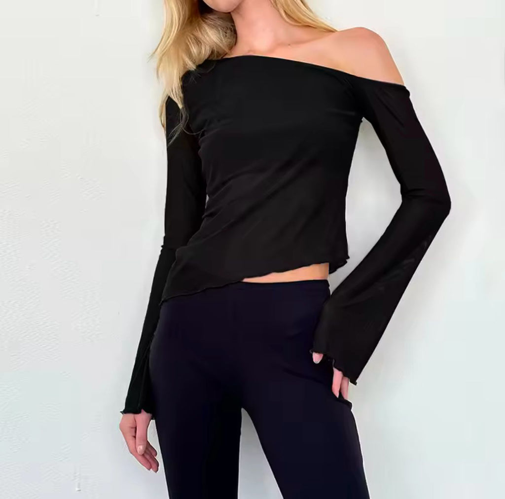 Black assymetrical top with long sleeves
