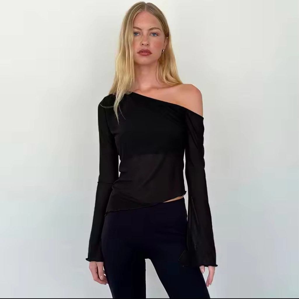 Black assymetrical top with long sleeves