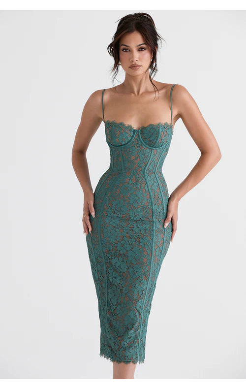Emerald lace midi dress