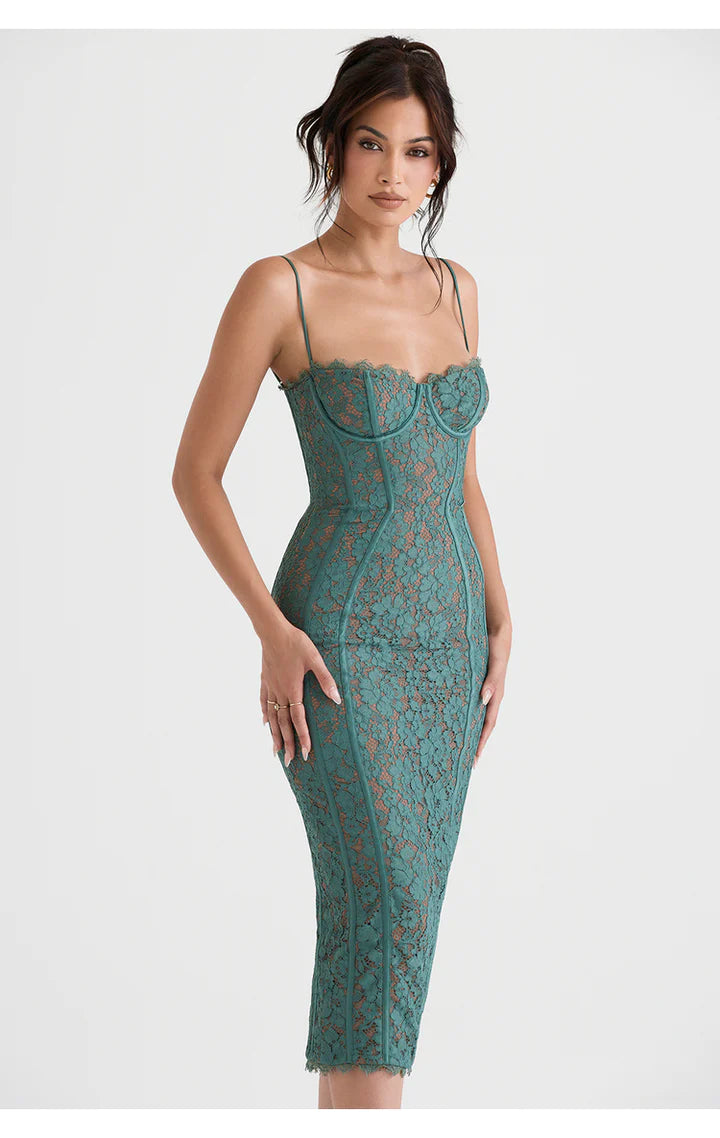 Emerald lace midi dress