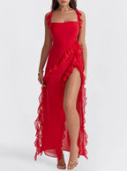 Red ruffle dress with slit