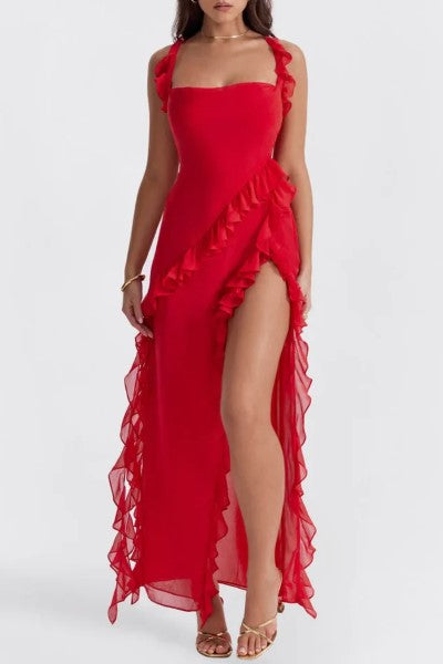 Red ruffle dress with slit – Elleivry