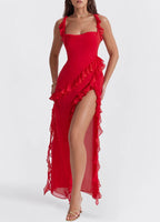 Red ruffle dress with slit