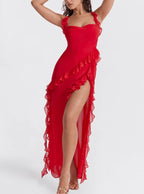 Red ruffle dress with slit