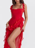Red ruffle dress with slit