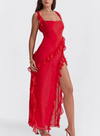 Red ruffle dress with slit