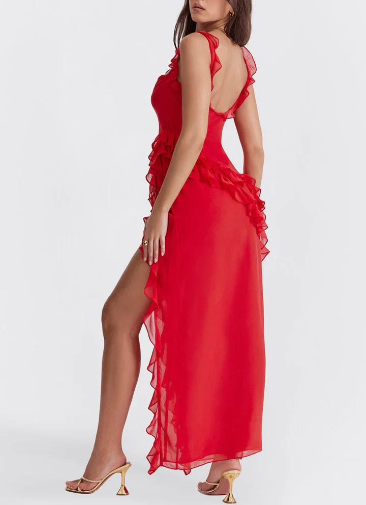 Red ruffle dress with slit