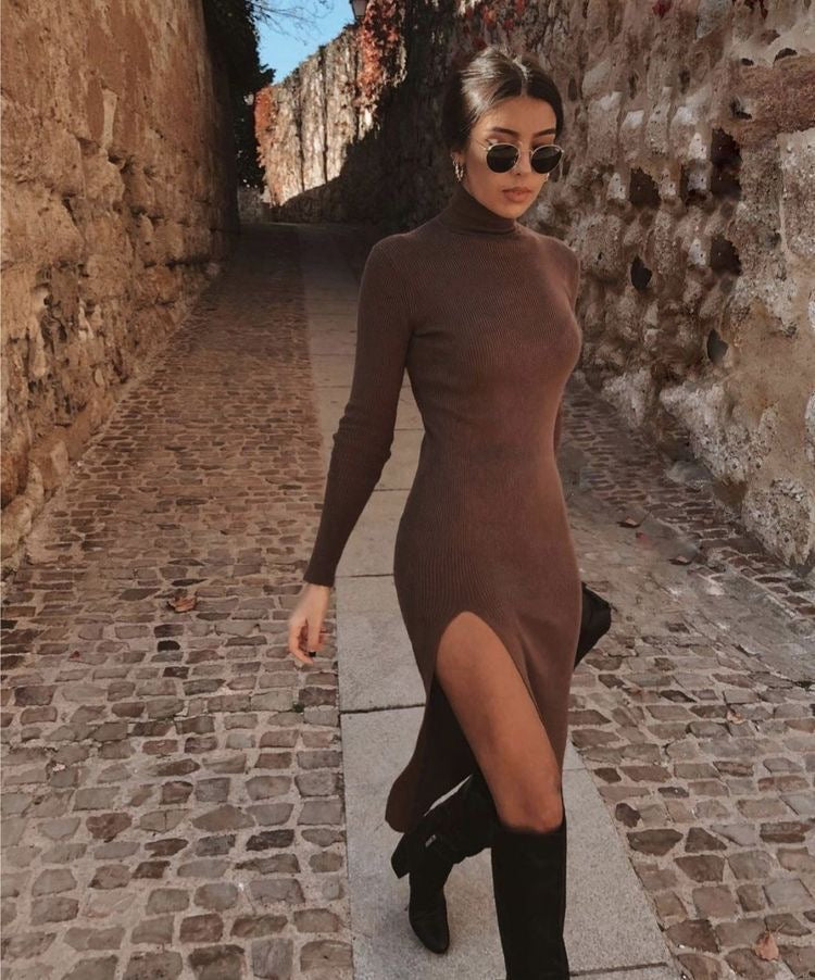 Brown bodycon dress with slit