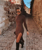 Brown bodycon dress with slit