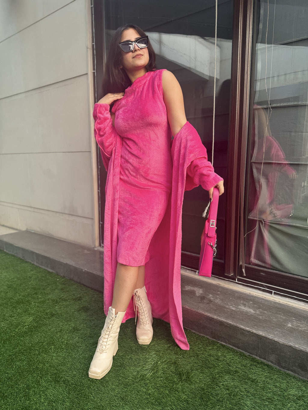 pink dress with shrug A pink dress paired with a light pink shrug. The dress is sleeveless , gathered and flared at the waist and features a beautiful light pink floral net shrug. . @__my3__ in